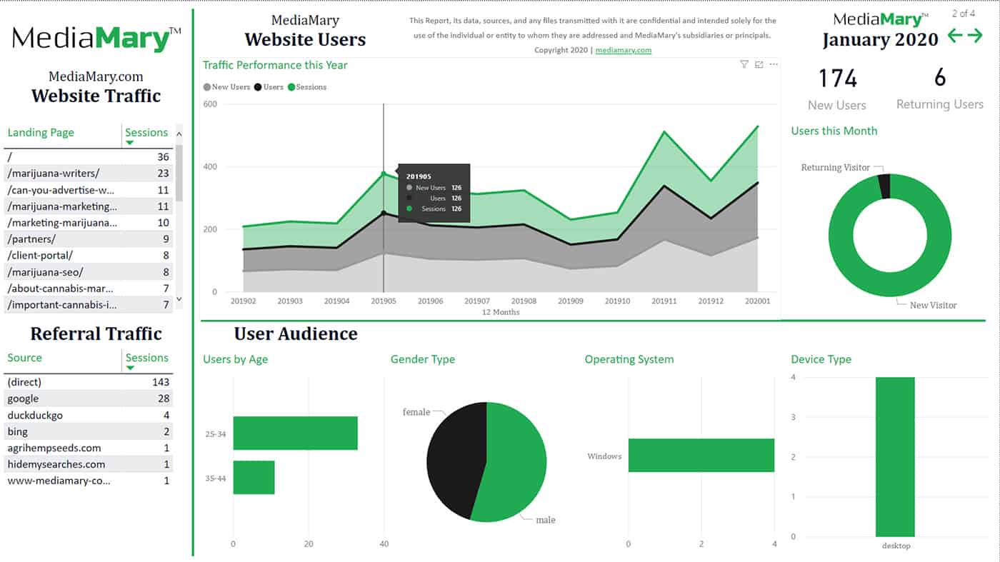BI Reporting Services alternate report sample for website traffic services with charts, tables, and green accent.