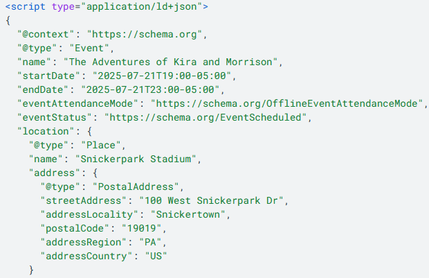Example of SEO rich text meaning for 'Event' schema type markup (screenshot of structured data code sample).