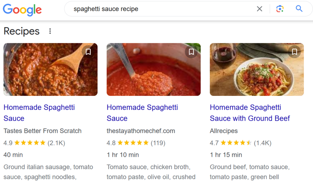 Google SEO rich snippets example of Recipe schema type in Google Search results (screenshot of spaghetti sauce recipes rich results).