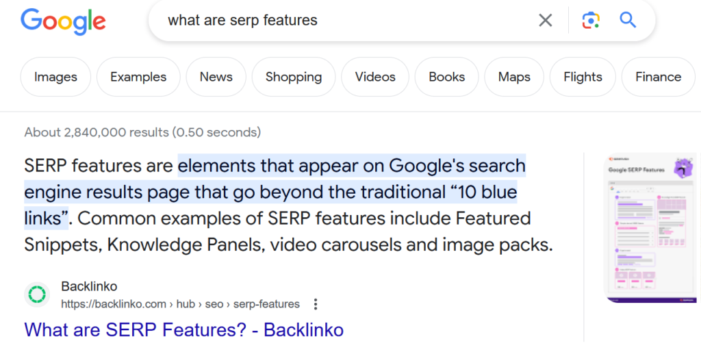 how to get a featured snippet example (screenshot of the featured snippet result for keyword "what are serp features")