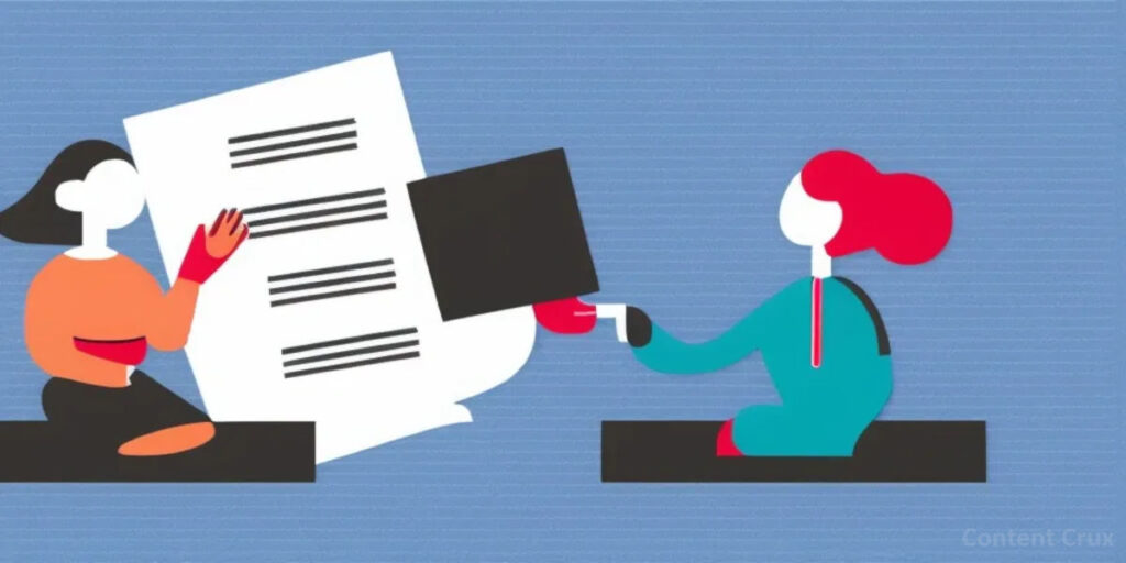 Buy blog post - depicted by a simple vector style graphic with icons that represents a writer handing an article to a woman