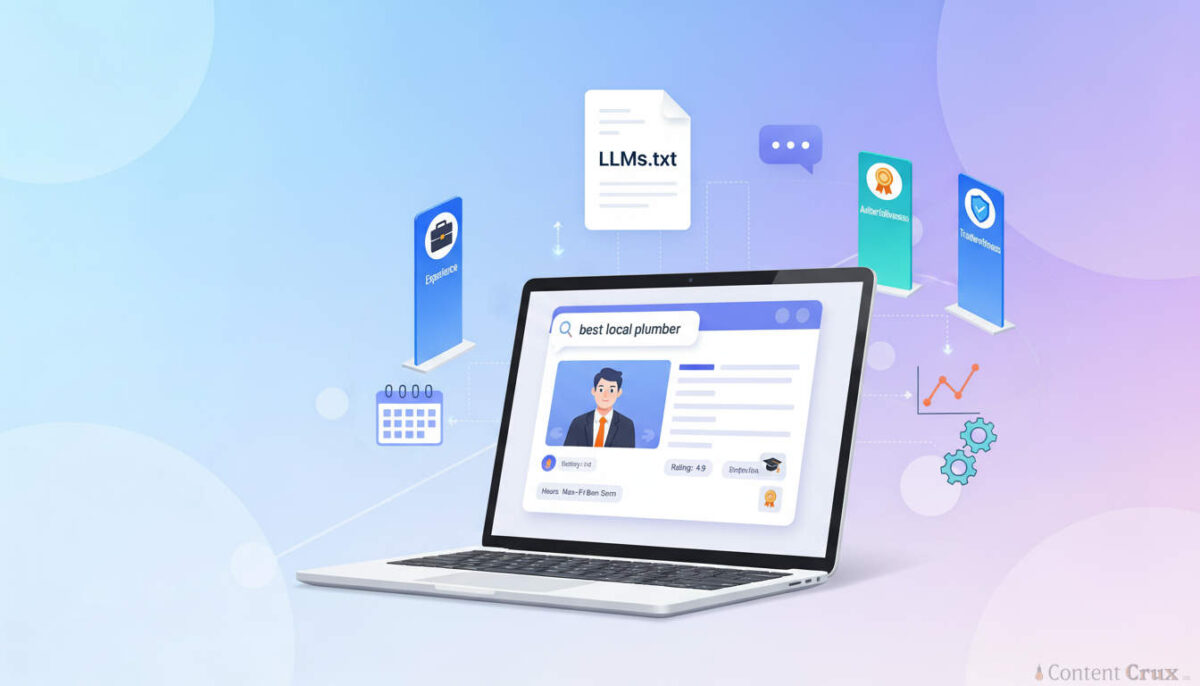 From SEO to AIO: Master LLMs.txt, Schema & Business AI (infographic depicting computer and AI marketing process)