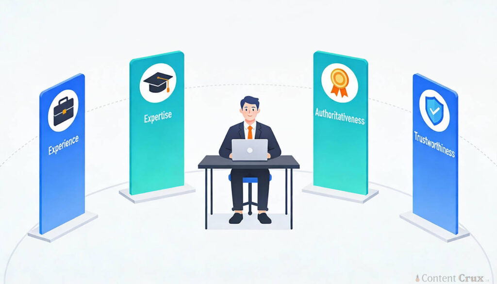 Google E-E-A-T methodology infographic featuring worker on a laptop in front of EEAT Pillars.